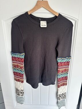 Free People Textured Black Thermal Top with Colorful Patterned Sleeves